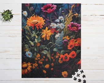 May include: A rectangular jigsaw puzzle featuring a vibrant floral illustration with orange, red, pink, and white flowers set against a dark background. The puzzle pieces are interlocking, and a few loose pieces are visible at the bottom right corner.