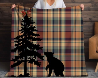Cabin Theme Sherpa Blanket, Bear and Deer Silhouettes (3 Sizes, Beige Fluffy Backing