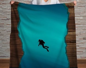 Scuba Diver Sherpa Blanket – Modern Ocean, Wood Art – Nautical Coastal Blanket Gift – Dive Decor – Unique Scuba Dive Throw. Scuba Diver Gift