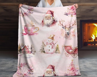 Pink Christmas Sherpa Blanket, Santa, Snowman Holiday Throw