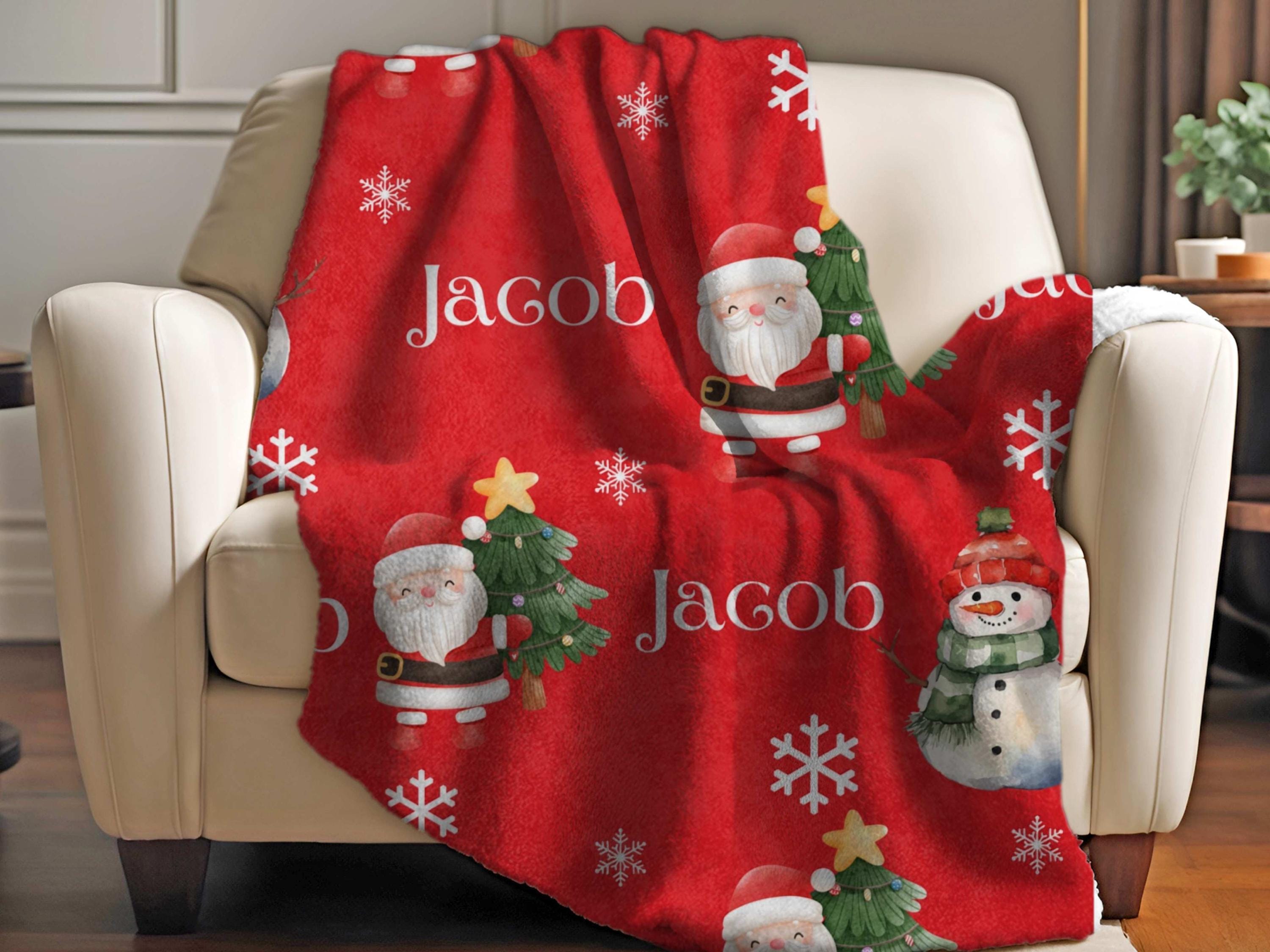 Christmas Blanket Santa and Reindeer Custom Name Super soft velveteen Personalized Christmas Gift, Holiday Throw for Cozy Nights Custom Name