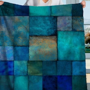 Teal Blue Patchwork Sherpa Blanket  Ocean Tones, Boho Mosaic Texture Throw