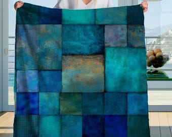 Teal Blue Patchwork Sherpa Blanket  Ocean Tones, Boho Mosaic Texture Throw