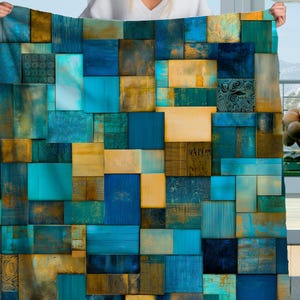 Teal Gold Patchwork Sherpa Blanket – Coastal Boho Quilt Look Throw, Abstract Blue Textile Design, Cozy Modern Blanket for Home Decor