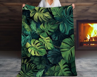 Sherpa Blanket, Large Tropical Leaves Fleece Throw, Botanical Home Decor, Cozy Sofa Blanket, Green Leaf Pattern Bedding, Jungle Print Winter