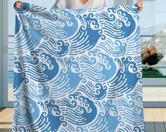 Blue Wave Sherpa Blanket, Ocean Print Throw, Coastal Nautical Decor, Beach Lover Gift, Modern Plush Blanket, Custom Cozy Bedding
