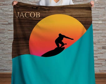 Personalized Surfing Blanket – Sunset Wave Sherpa Fleece Throw