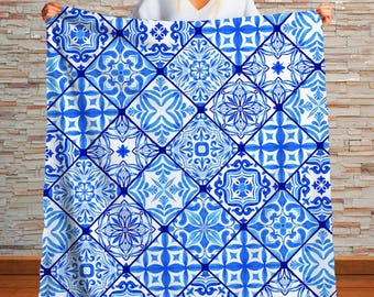 Blue Tile Pattern Sherpa Blanket  Portuguese Azulejo Style Throw, Mediterranean Pattern Decor, Cozy Boho Blanket, Gift for Home Lovers