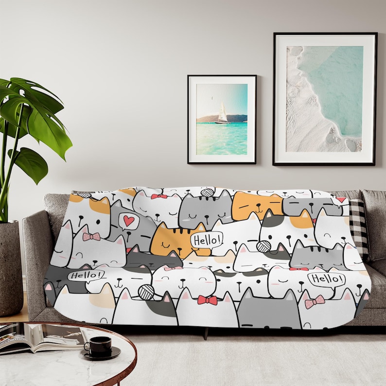 Cute Cat Doodle Sherpa Blanket – Kawaii Kitty Pattern, Cartoon Cat Lover Throw image 8