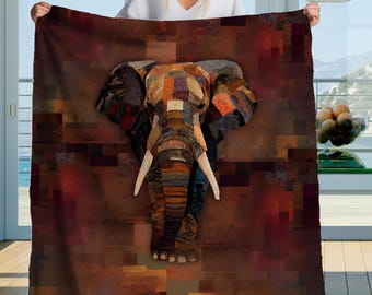 Elephant Sherpa Blanket – African Patchwork Elephant Throw, Rustic Boho Animal Art Blanket, Cozy Safari Decor for Bed or Couch