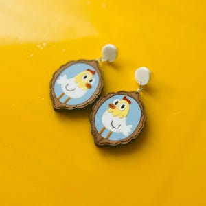 Framed Chicken Earrings: Laser Cut Acrylic, Handmade Animal Jewelry