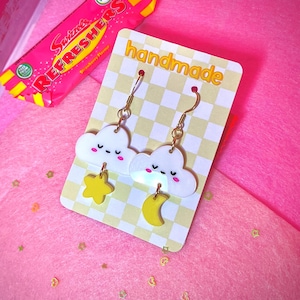 Acrylic Earrings, Laser Cut Earrings, Kawaii Earrings, Cute Earrings, Handmade Earrings, Cloud Earrings, Moon and Star Earrings