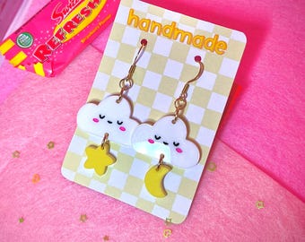 Kawaii Cloud Earrings: Laser Cut Acrylic Moon & Star Earrings