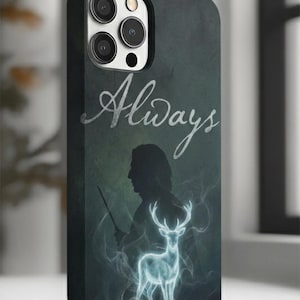 May include: A black phone case featuring the word "Always" in a script font. The case has a silhouette of a person holding a wand and a glowing stag. The case is designed for a smartphone.