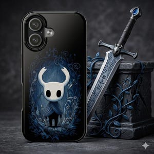 May include: Black phone case featuring a white character with a horned head and a blue cloak, set against a dark blue forest backdrop. A silver sword with intricate designs rests on a stone block, with blue vines.