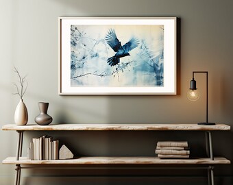 Cyan Dreams in Flight: Bird Hovering Amongst Tree Branches - Dreamy Cyanotype Effect - Mystical Bird Art Gift