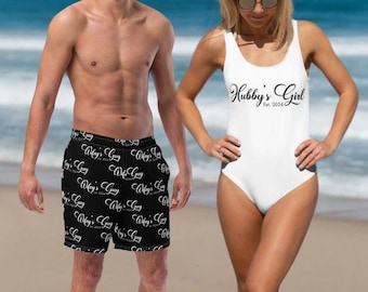 Husband and Wife Matching SwimWear,Personalized newlywed bathing suits,customized swimwear,honeymoon swimwear,Lady one piece,men swimtrunks