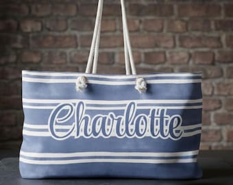 Personalized Striped Beach Bag, Shopper Tote Bag, Custom Bachelorette gift,Rope Handle carryall