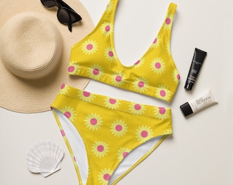 Yellow Sunflower High-waisted bikini,Pool Side swimsuit,vacation swimwear,family bathing suit,custom pool ocean swimwear,matching towel -bag