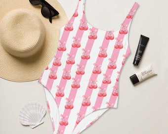 Coquette One Piece Bathing Suit,Womans Cherry Pink striped beachwear,Mommy and me Swimwear,Vacation bathing suit,Bridal Party gift,Girl trip