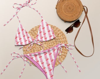 Kokette String Bikini, Kirschrosa gestreifter Bikini, Plus Size Bademode, Mama und ich Bademode, Urlaub Beachwear, Brautparty Geschenke, Girl Trip