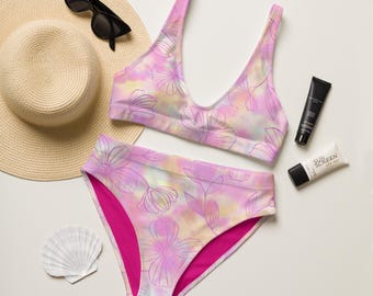 Tie Dye Swimsuit,Recycled high-waisted bikini, vacation swimsuit,two piece floral swimwear for women, Bathing Suit for women,Plus sizes