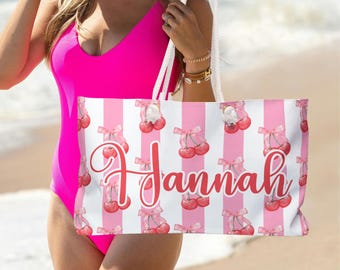 Personalized Coquette Cherry Beach Bag,Custom Carry-On Tote, Stylish Travel Bag, Gift for Her, custom beach bags,for bachelorette,cute tote