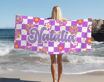 Personalize Name Beach Towel,Retro Mutlicolor Beach Towel,Groovy Style, Boho Beach Towel, Summer Poolside Essential,Birthday Beach gift