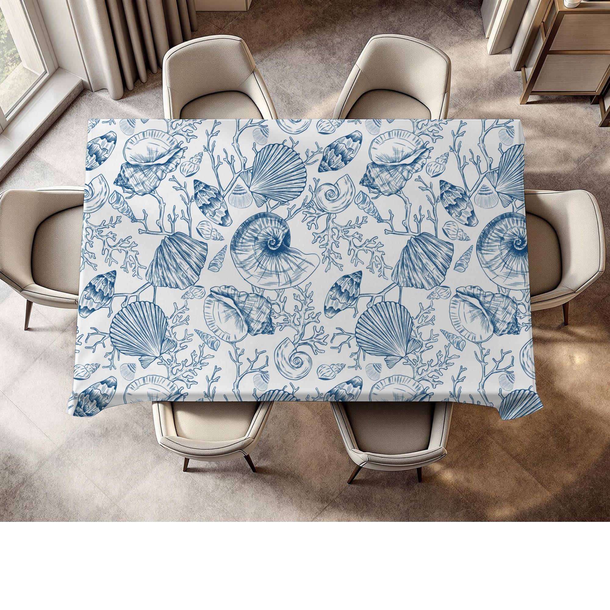 Seashell Blue Toile Tablecloth, Nautical Decor, Coastal Table Cover ...