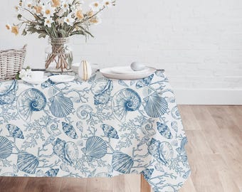 SeaShell Blue Toile Tablecloth, Nautical Decor, Coastal Table Cover, Ocean-Inspired Dining, Coastal Dining Linen