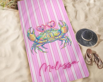 Custom Striped Beach Towel, Personalized Pool Towel, Crab towel,Beach essentials gift