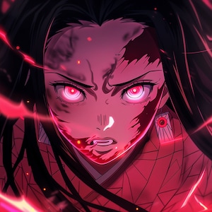 May include: A close-up of an anime character with long black hair and red eyes. The character is wearing a pink and red patterned kimono and has a fierce expression on their face. The background is a blur of pink and red.