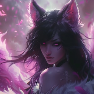 以下が含まれることがあります： 黒い髪、ピンクの目、キツネの耳を持つ女性のデジタルアート。彼女はピンクの羽と柔らかく光る背景に囲まれています。このアートワークはファンタジーをテーマにしています。