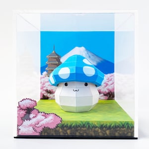 Maplestory Blue Mushmom (Mushdad) Pilz Diorama Zipangu Fuji Kirschblüte Sakura Japan Papercraft Modell Display Acryl-Würfel