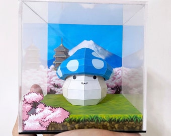 Maplestory Blue Mushmom (Mushdad) Mushroom Papercraft Model Diorama Zipangu Mount Fuji Cherry Blossom Sakura Japan Display Acrylic Cube