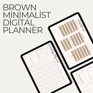Peut inclure: Un planificateur numérique avec un schéma de couleurs brun et blanc. Le planificateur comprend un planificateur hebdomadaire, un tableau de bord avec des sections pour la santé, la productivité, les soins personnels et la planification, ainsi qu'une page pour les notes. Le texte "Weekly Planner" et "Dashboard" est visible sur les pages.
