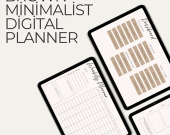 Puede incluir: Un planificador digital con un esquema de color marrón y blanco. El planificador incluye un planificador semanal, un tablero con secciones para la salud, la productividad, el cuidado personal y la planificación, y una página para notas. El texto "Weekly Planner" y "Dashboard" es visible en las páginas.