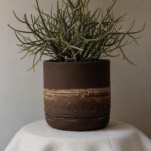 Handmade Stoneware Planter with Tray | Minimalist Unglazed Ceramic Pot