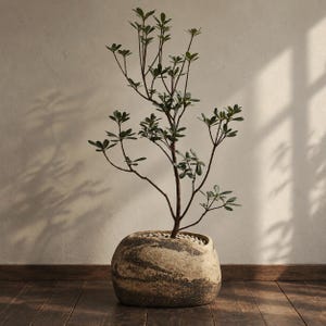 Op de afbeelding: Een lange, slanke groene plant met dunne takken en kleine ovale bladeren, geplant in een brede, afgeronde, getextureerde keramische pot. De pot heeft een gemarmerd, aards patroon van beige, lichtbruine en donkerbruine tinten met kleine witte steentjes.