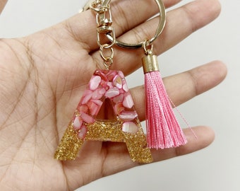 Pink-Custom Initial Keychain White Tassel Charm Stone Gold Foil Resin Keyring - Personalized Creative Gift For Mother,personalized gifts