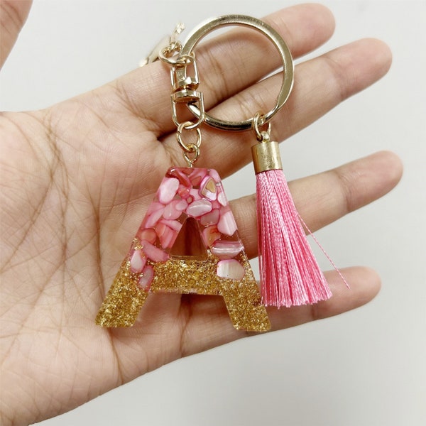 Pink-Custom Initial Keychain White Tassel Charm Stone Gold Foil Resin Keyring - Personalized Creative Gift For Mother,personalized gifts