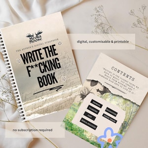 Könnte beinhalten: Ein Spiralnotizbuch mit dem Text "WRITE THE F***ING BOOK" in großen schwarzen Buchstaben. Das Cover zeigt auch die Worte "Media Moose" und "The Author's Digital Scrapbook". Eine zweite Seite zeigt das Wort "CONTENTS" und eine Liste von Schreibaufforderungen.