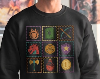 Funny DnD Sweatshirt – Dungeon Master Gift – D20 Dice Shirt – RPG Gamer Crewneck – Fantasy Class Icons – Dungeons and Dragons Clothing