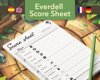 Beautiful Everdell Score Sheet in 4 languages - Instant Download - Printable PDF A4 - english, french, spanish & german