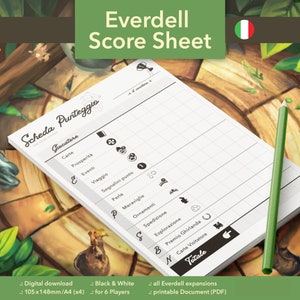 Folha de pontuação italiana Everdell - Download instantâneo - PDF para impressão A4