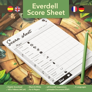 Everdell Scoreblad in 4 talen - Directe Download - Printbare PDF - Engels, Frans, Spaans & Duits scoreblok voor bordspellen