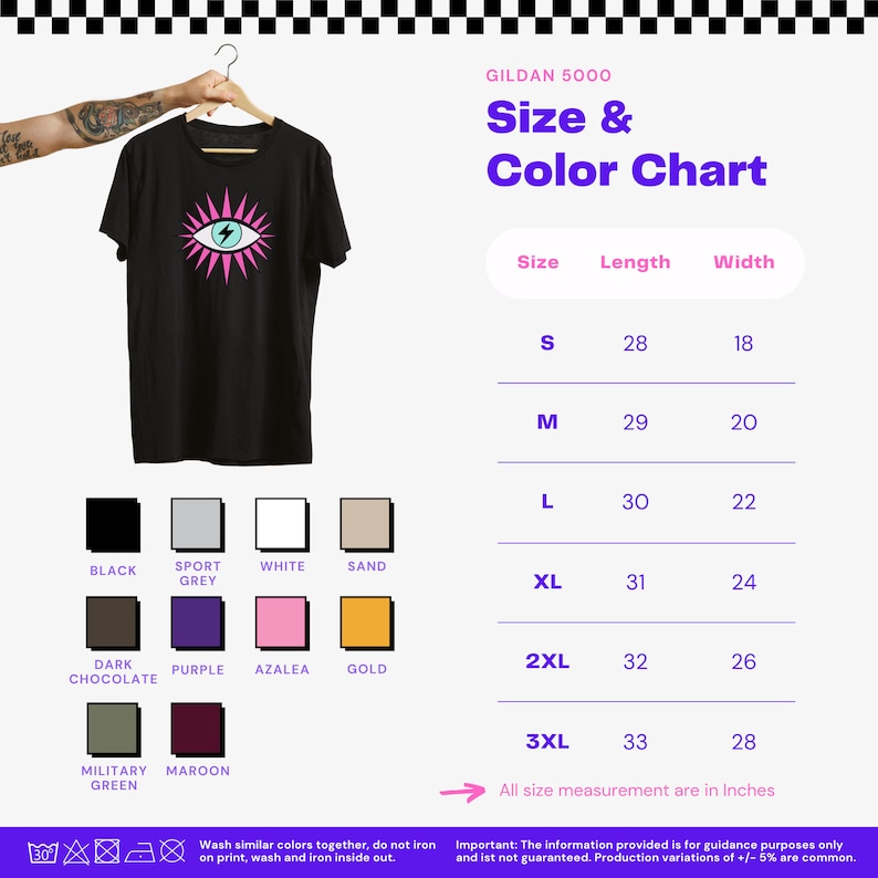 May include: Size and color chart for Gildan 5000 t-shirts. The chart shows sizes S through 3XL with corresponding length and width measurements in inches.  The chart also shows a variety of colors including black, white, sand, dark chocolate, purple, azalea, gold, military green, and maroon.