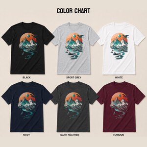 Color chart for the DnD mountain adventure shirt in all six available colors: Black, Sport Grey, White, Navy, Dark Heather, and Maroon — all featuring the same vintage circular landscape print