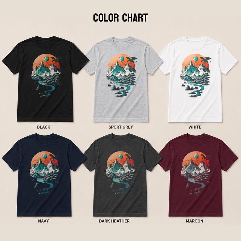 Color chart for the DnD mountain adventure shirt in all six available colors: Black, Sport Grey, White, Navy, Dark Heather, and Maroon — all featuring the same vintage circular landscape print