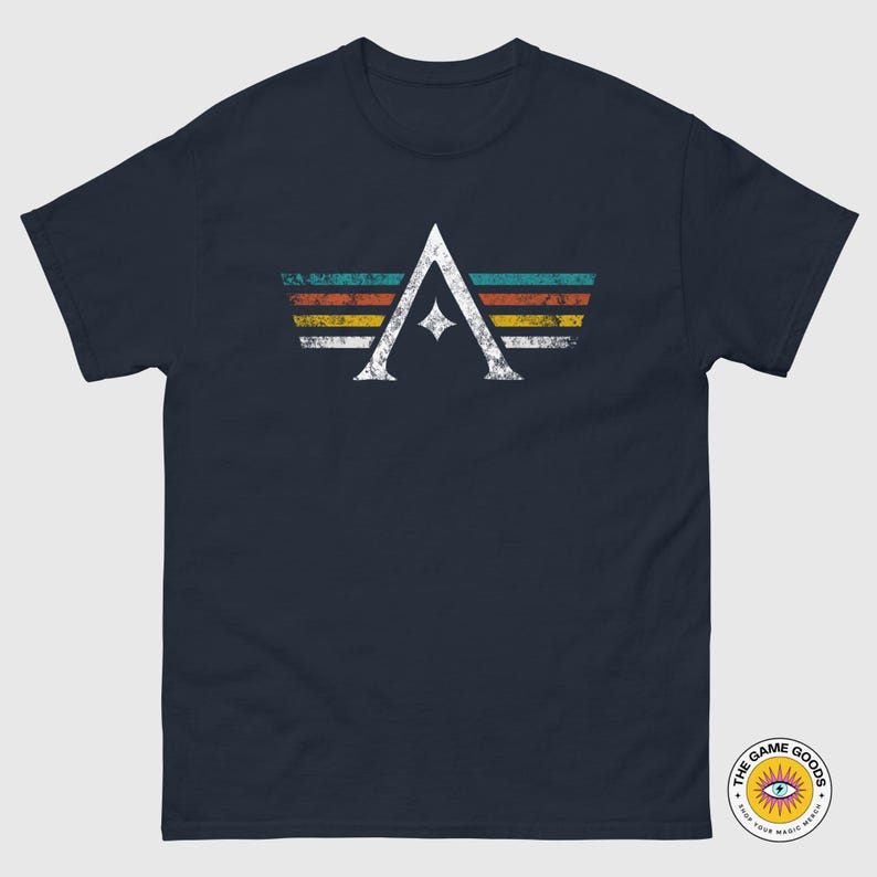 A minimalist t-shirt featuring the Arcs board game logo in a retro style. The design includes white geometric lines with a central star and vintage-colored stripes (teal, orange, red, yellow) on a dark background. Perfect for board gamers, sci-fi fans, and anyone who loves stylish and unique game night apparel.